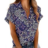 Mintreus Button Down Short Sleeve Shirts for Women V Neck Loose Roll Up Collared Shirt Casual Summer Tops with Pockets
