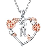 AOBOCO Rose Heart Necklaces Christmas Gifts for Women, 925 Sterling Silver Rose Love Heart Initial Letter Pendant Necklace Jewelry Mothers Day Lover Birthday Gifts for Her Mom Wife Girlfriend