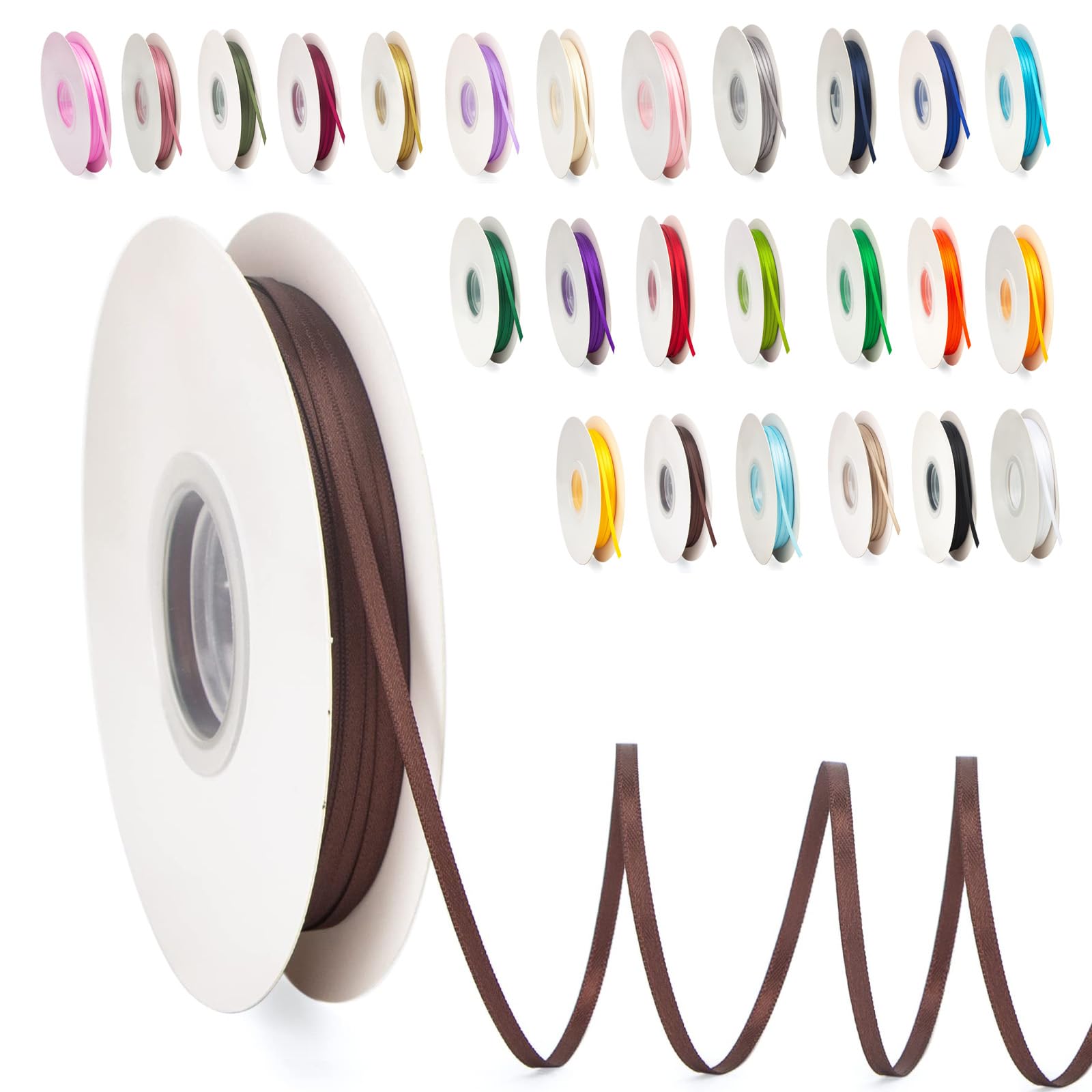 POPOYU Thin Ribbon Satin Ribbon 3mmx91m, Coffee Curling Ribbons for Crafting, Gift Wrapping, Coloured Satin Ribbon for Balloons, Sewing, Wedding, Birthday, DIY, Bouquets, Party Decoration