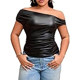 MakeMeChic Women's Plus Size Leather Tops One Shoulder Ruched Fitted Club Festival Tops Winter Fashion
