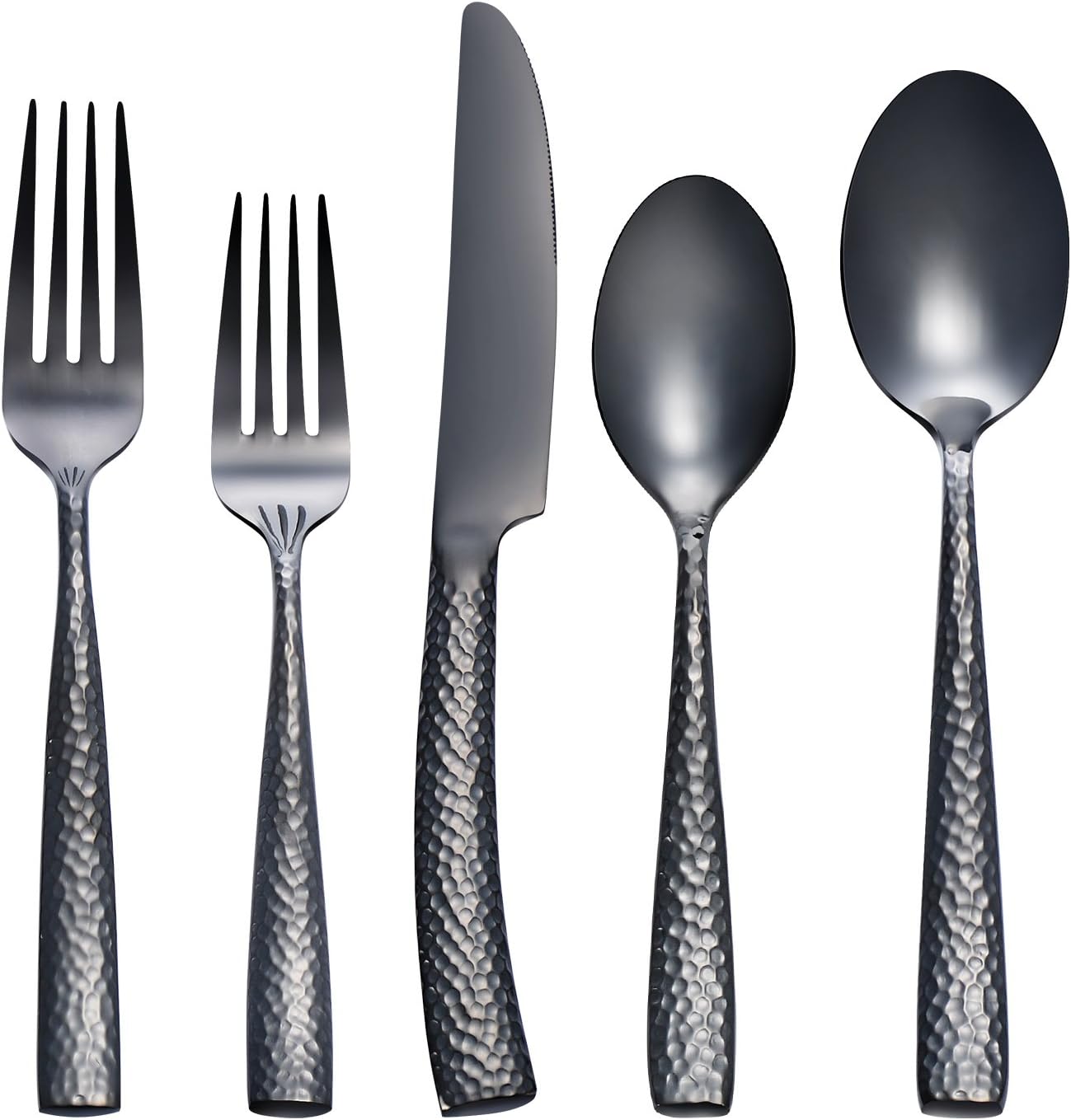 Deacory Flatware 20 Piece Black Stainless Steel Set Service for 4 with Hammered Handle Mirror Polished Including Heavy Weight Knife Fork Spoon