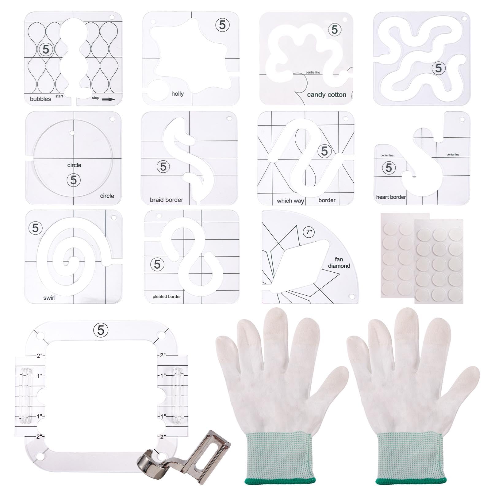 Photo 1 of 16pcs Free Motion Quilting Template Set, Includes 11pcs Quilting Templates 3mm, Quilt-ing Frame, Gloves, Low Shank Ruler Foot, Non-Slip Grips for DIY Quil-ting on Sewing Machine