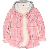 ZENTHACE Women's Flannel Shirt Jacket with Hood,Sherpa Lined Plaid Shacket Jackets,Snap Button Front