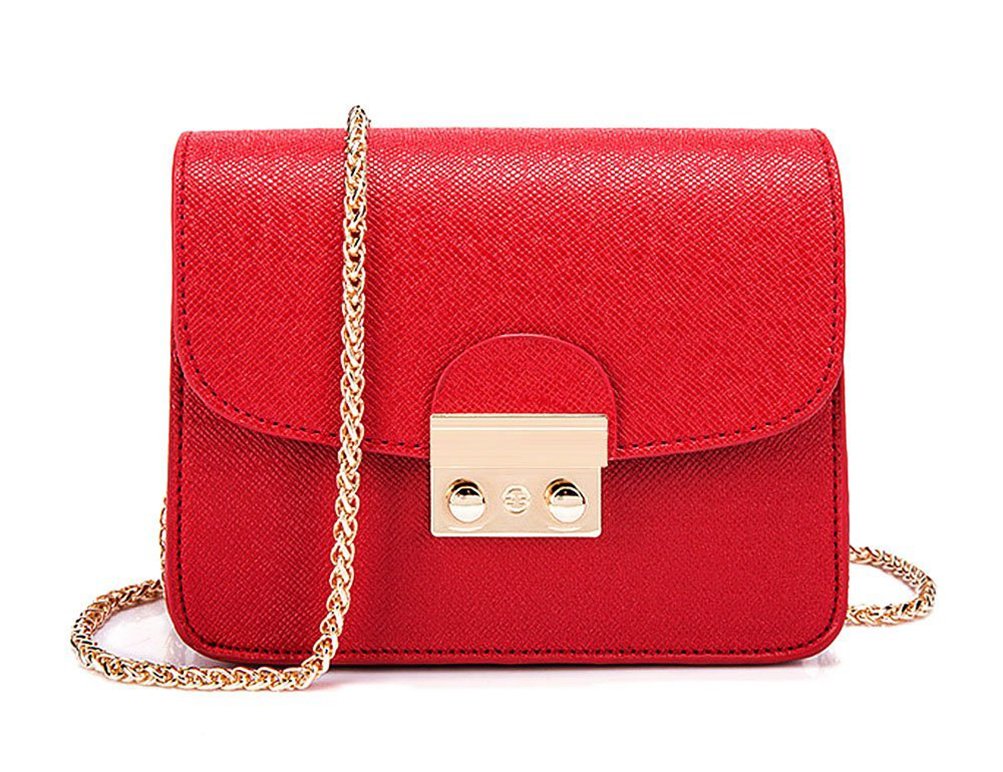 Women Handbag Solid Color PU Leather Clutch Purse with Chain Mini Shoulder Strap Red