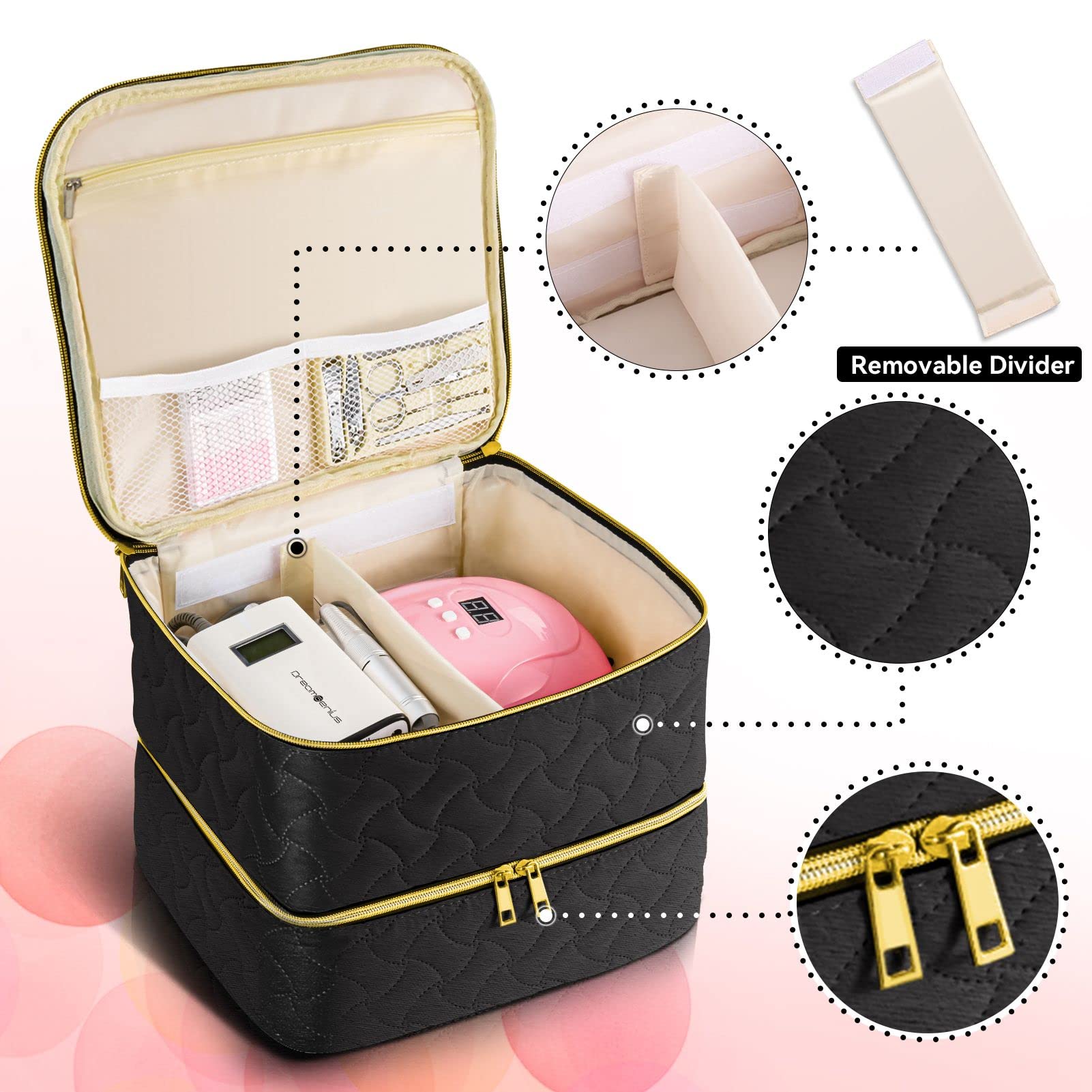 DreamGenius Nail Polish Organizer Case Holds 42 Bottles, Portable Double-Layer Nail Polish Storage Bag with Adjustable Dividers for Manicure Tools, Black