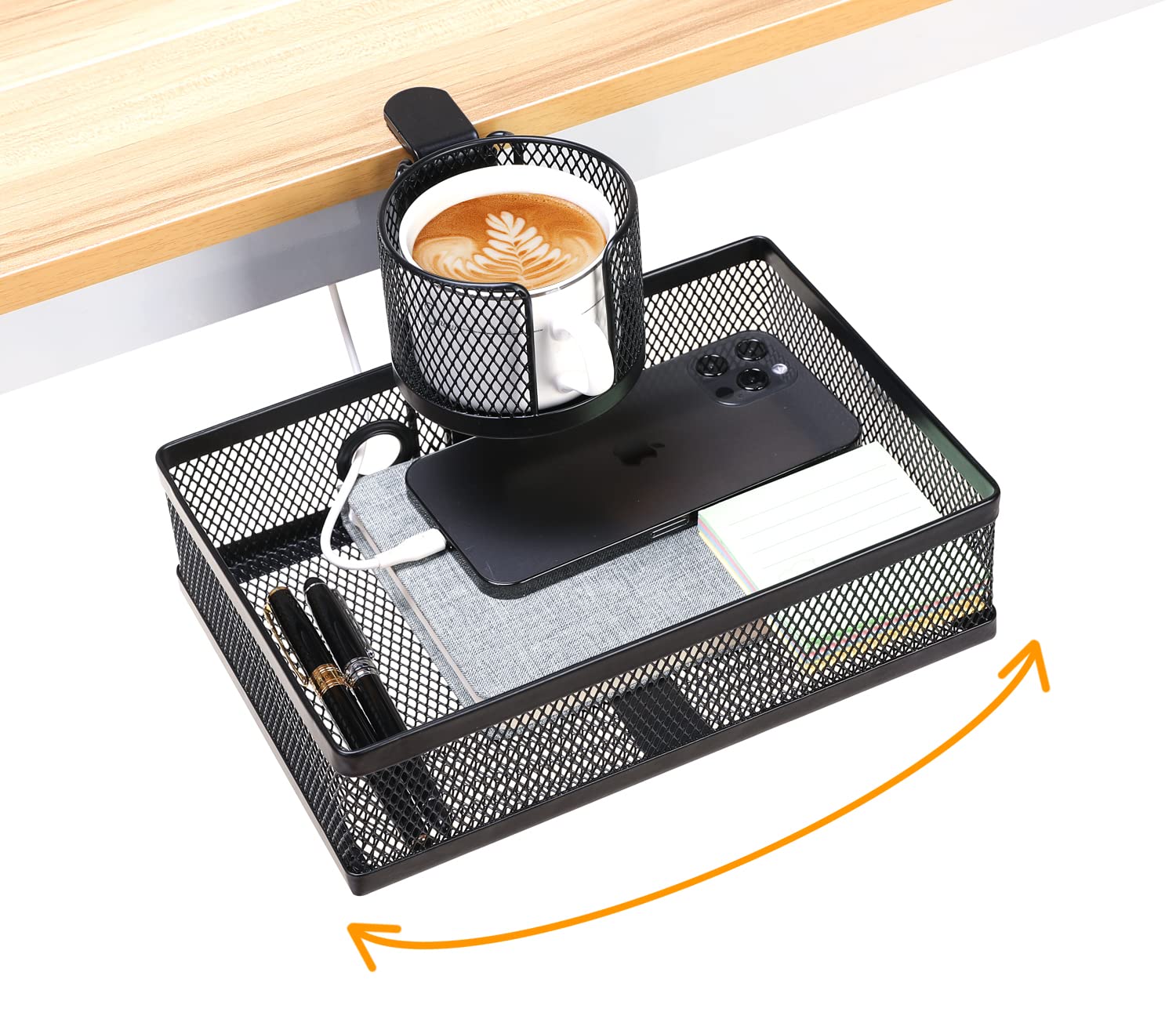 DramLan Desk Organiser with Cup Holder, 360°Rotating Hidden Under Desk Drawer,Clamp-on Style Desk Tidy Organiser, Large Capacity Under Desk Storage For Home And Office (Black)