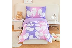 URBONUR 4-Pieces Toddler Bedding Set - Ultra Soft Ombre Pink Purple Hearts Butterfly Girls Toddler Comforter Set - Include Comforter, Flat Sheet, Fitted Sheet and Reversible Pillowcase