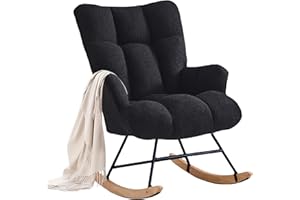 Zedachica Rocking Chair Nursery Teddy Upholstered Glider Rocker Rocking Accent Chair Padded Seat with High Backrest Armchair Comfy Side Chair for Living Room Bedroom Offices (Black Teddy)
