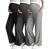 Oakgarden 3 Pack Women's Fleece Maternity Pants, Over The Belly Pregnancy Thermal Wide Leg Lounge Pants with Pockets