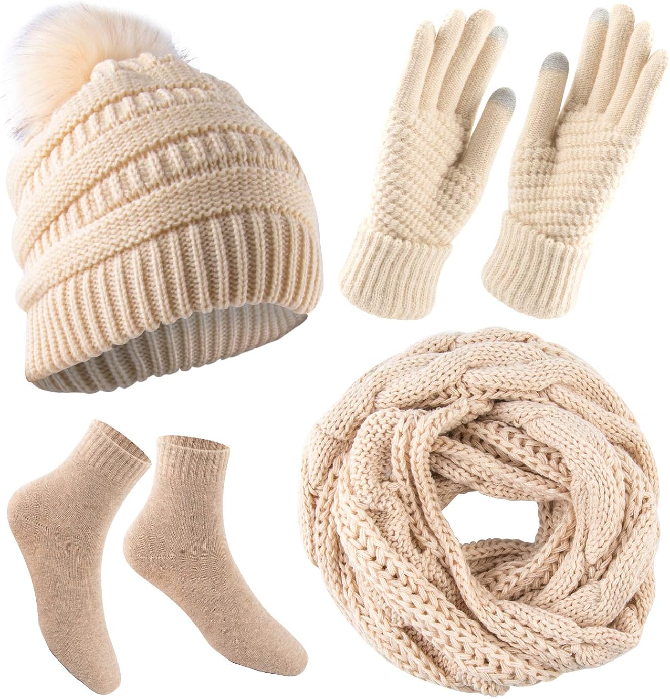 WXJ13 4 Pcs Womens Winter Scarf Set Winter Hat Scarf and Socks Touch