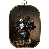 nvucamd Vintage Gothic Skull Floral Wall Art Decor Framed, Witchy Halloween Skeleton Floral Octagon Canvas Prints Wall Art, Dark Academia Black Flower Hanging Decor for Bathroom Living Room, 10.2x7In