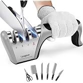 Longzon 5-in-1 Knife Sharpener 4 Stage with Cut-Resistant Glove, Quickly Sharpens &amp; Restores Dull Blades, Easy &amp; Safe for Home Manual Kitchen Use, Fits Most Knives and Scissors, Black+Silver