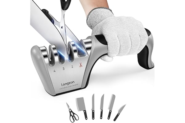 Longzon 5-in-1 Knife Sharpener, 4-Stage Professional Kitchen Knife Sharpener for Steel Knives and Scissors, Anti-Slip Base, C