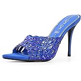 GPXGPX Women Stiletto Mules High Heel Rhinestone Cutout Heeled Sandals Open Pointed Toe Sandals Mules Slip On Party Wedding Shoes