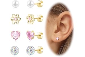 DAI JY Hypoallergenic Earrings for Girls Toddler Surgical Steel Screw Flat Back Earrings for Sensitive Ears Women14K Gold Silver Earring Cute Heart Flower Pearl Star Stud Earring Sets