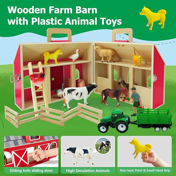 SIMPLIPLAY FARM ANIMAL TOYS WITH PORTABLE LARGE WOODEN BARN FOR KIDS 3+ YEARS OLD, 10 PCS FARM ANIMALS FIGURES FOR BOYS, GIRLS, ANIMAL LOVERS, IDEAL GIFT FOR KIDS TODDLERS, IMPROVE FINE MOTOR SKILLS