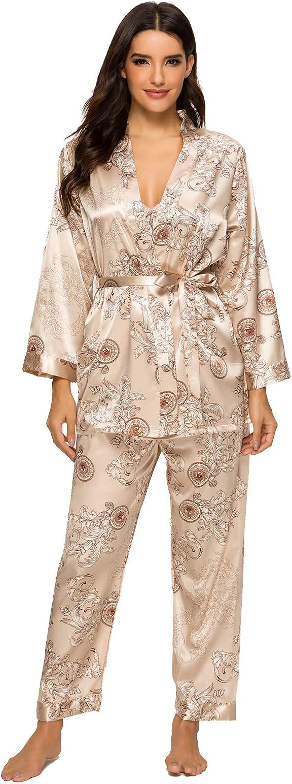 Women's Floral Silk Satin Pajamas Set Sleepwear 3Pcs Nightwear Long Sleeve Pyjamas with Belt