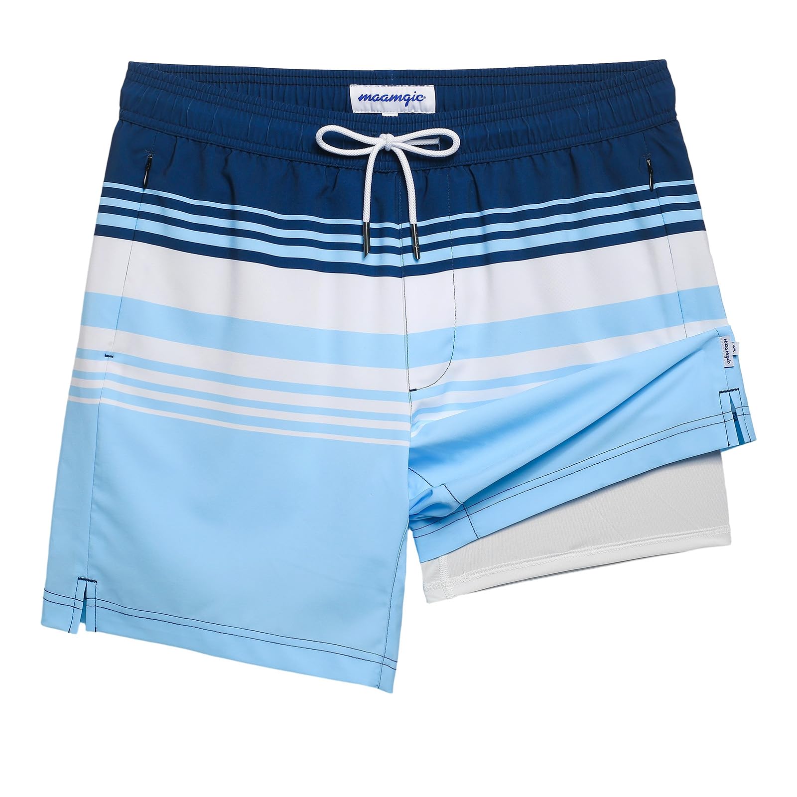 maamgic 2 in 1 Mens Swim Trunks 7 Inch Swim Shorts Swim Suits Board Shorts Blue White Horizontal Stripe M Image
