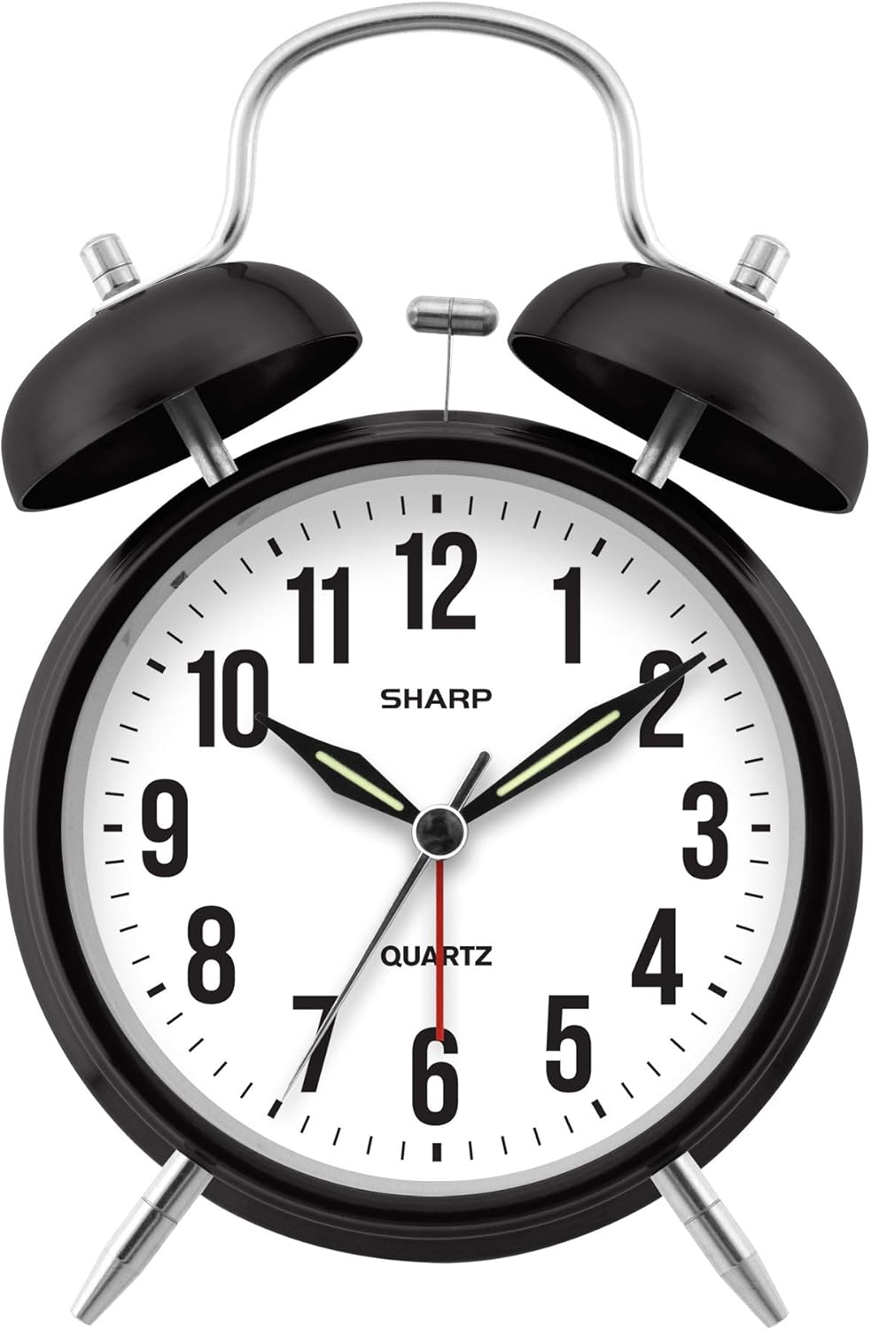 Sharp Black Twin Bell Alarm Clock – Perfect for Heavy Sleepers – Loud Bell Alarm – Glow in Dark Hands – Backlit on Demand – Battery Operated – SPC843