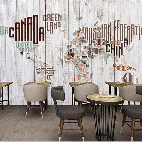Amazon Xueshao 無料レトロヴィンテージ英語アルファベット世界地図ボード壁画背景壁コーヒーショップ壁紙カスタム 250x175cm 壁紙
