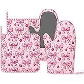Oven Mitts Pot Holders Set Pink Bows Cherry Silicone Kitchen Gloves Potholders Heat Resistant for Chef Baking Cooking Grilling BBQ 4 Pack Mitt