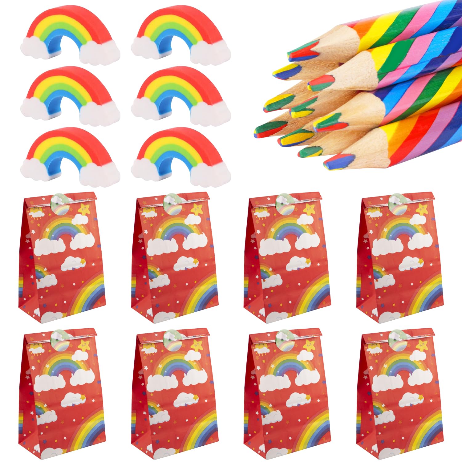 RDLobu 36 Piece Rainbow Pencil Set, 12 Colouring Pencils + 12 Erasers + 12 Kraft Paper Gift Bags - Ideal for Children