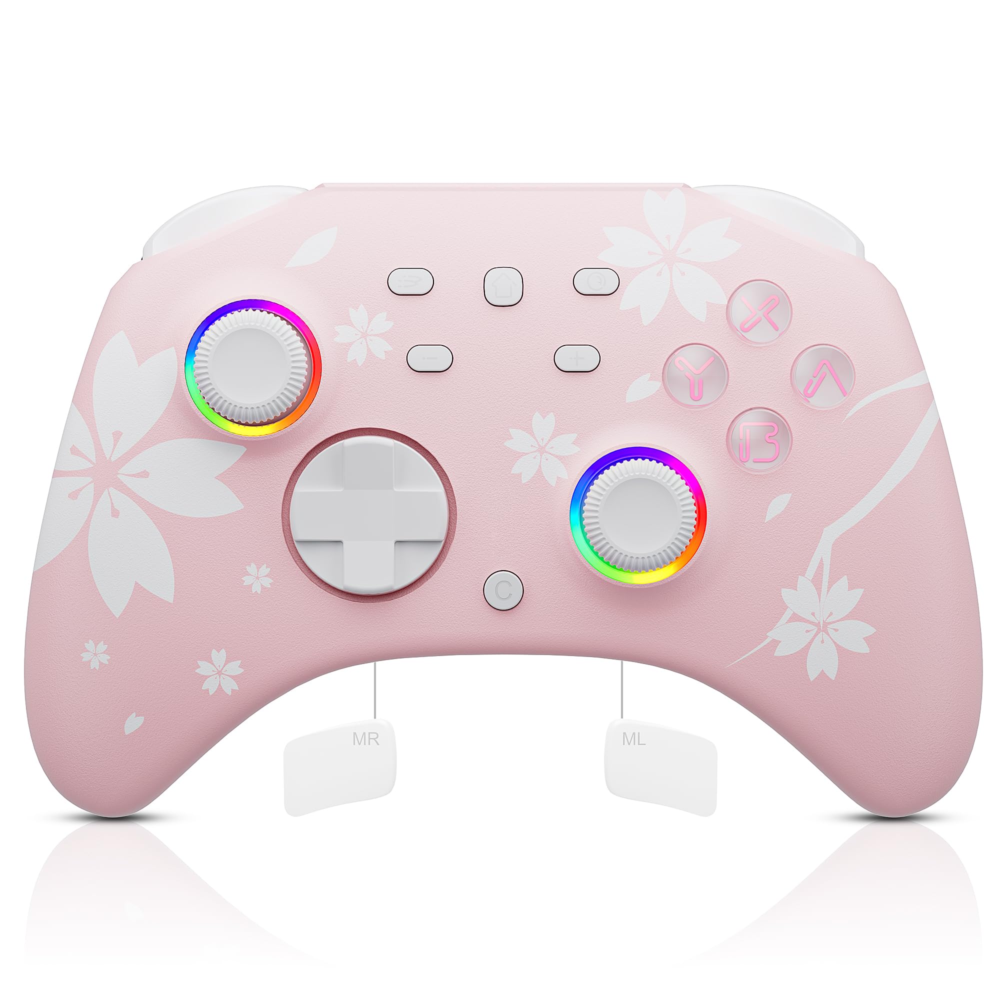 Mytrix Wireless Pro Controller, Hall Effect Joysticks & Triggers Bluetooth Controllers for Nintendo Switch/PC/Steam/iPad/Mac/Tablet/Laptop, with RGB Light/Macro Keys/Turbo Button, Sakura Pink