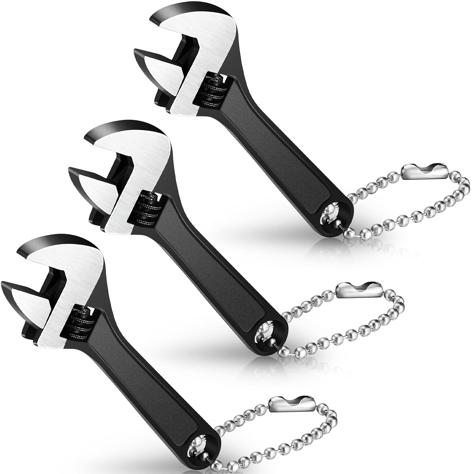Photo 1 of Chumia 3 Pieces Mini Adjustable Wrench Set, Black Spanner with Chain, Pocket Hand Wrench, Small Wrenches, Toy Wrenches, Knurl Wide Jaw Repair Maintenance Automotive Tool (2.5 Inch)