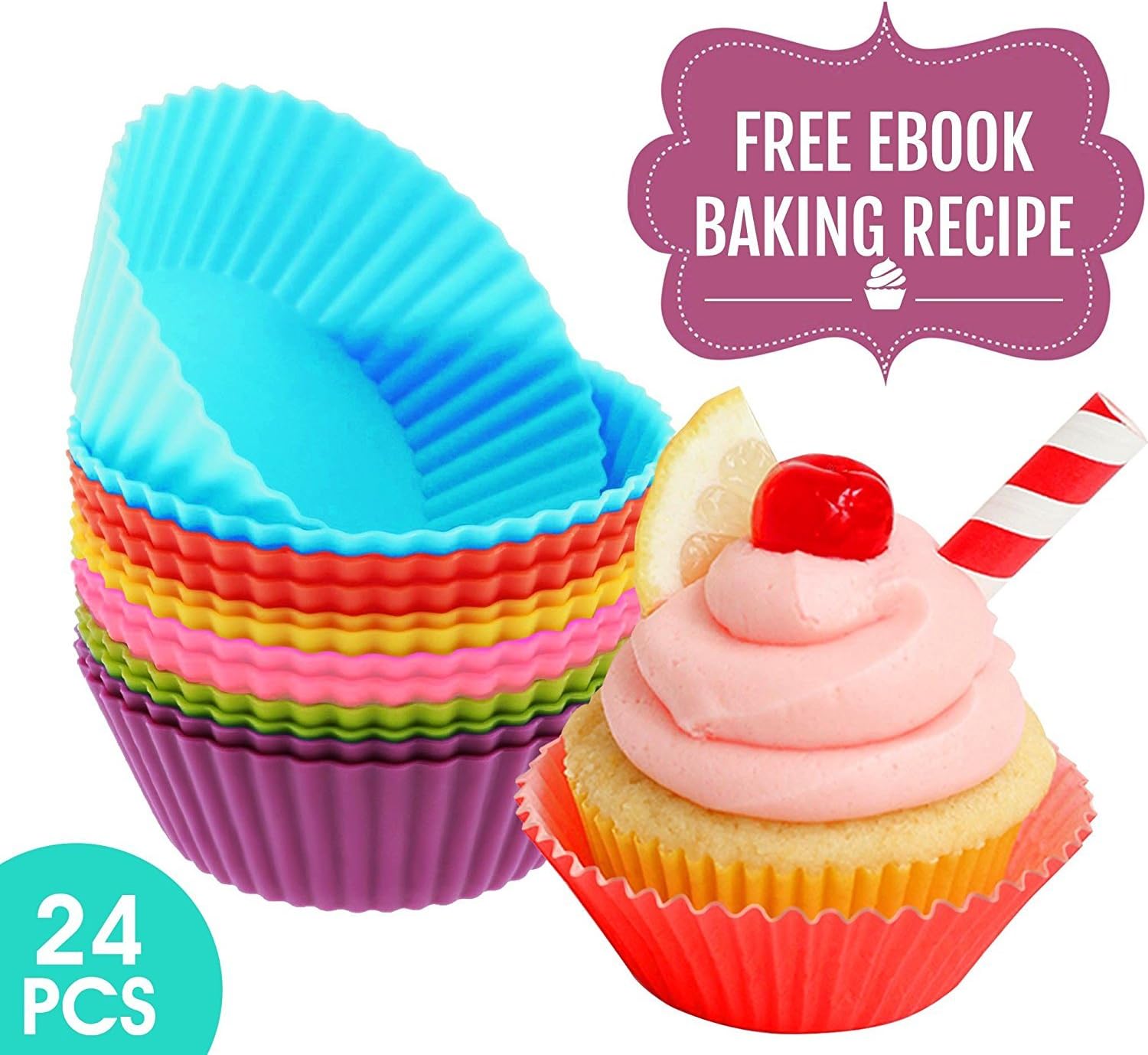 Premium Silicone Baking Cup 24pcs Finest Reusable Baking Cups Muffin Molds Cupcake Liners with Recipe e-Book, Nontoxic and Nonstick, Safe for Oven Microwave Dishwasher Freezer, Six Joyous Colors