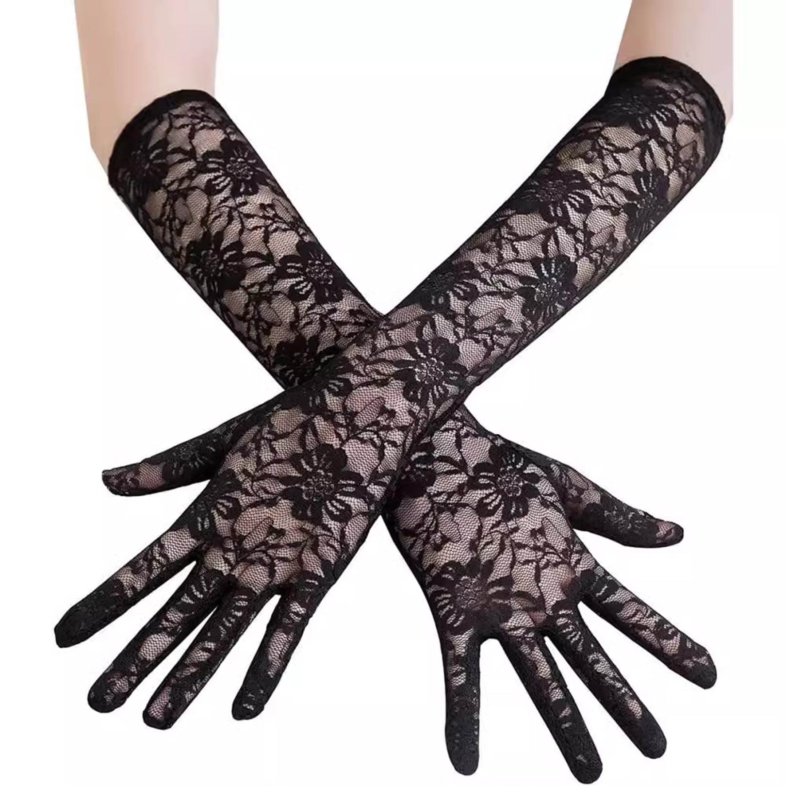 VilaGi Long Lace Gloves,Black Lace Gloves for Women Elbow Length Gloves Wedding Prom 80s Floral Evening Opera Gloves Ladies Fancy Dress Accessory Halloween Party Costumes Masquerade