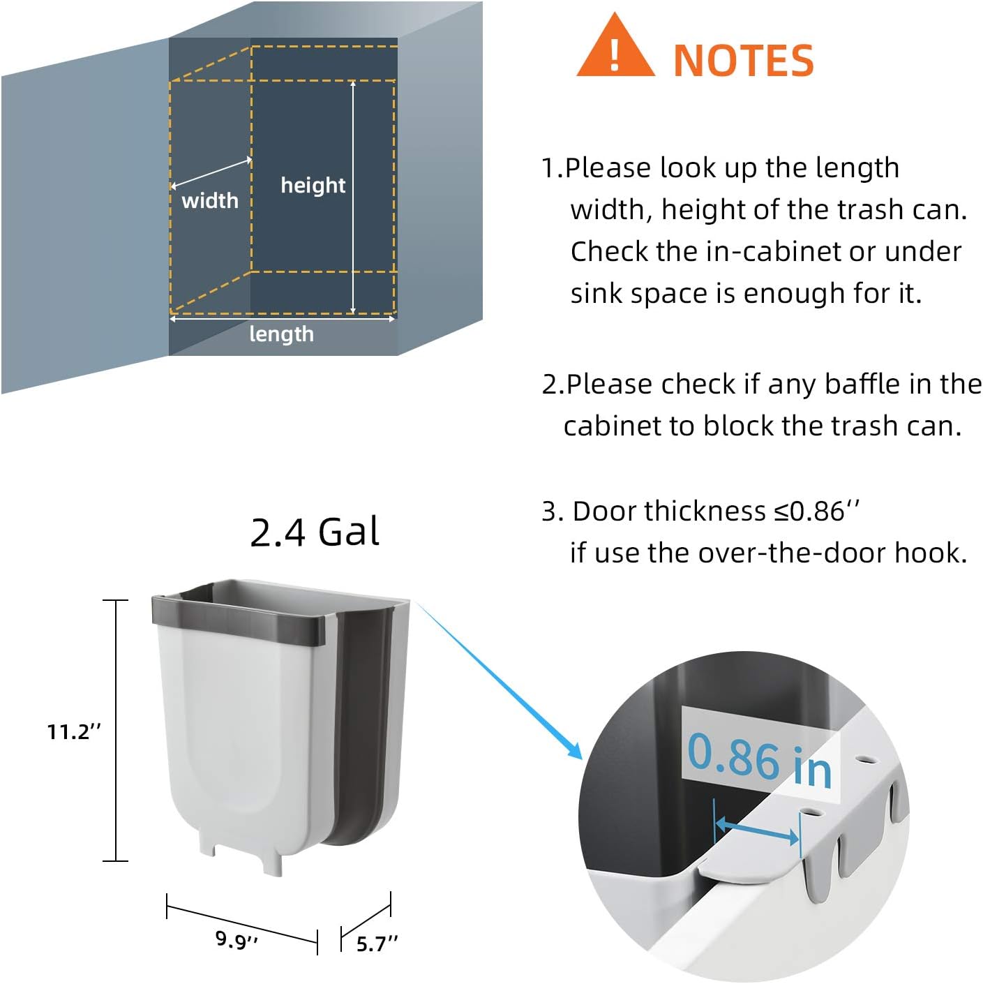 Subekyu Small Hanging Kitchen Trash Can, Collapsible Mini Garbage Bin for Cabinet/Car/Bedroom/Bathroom, Plastic, Grey, 2.4 Gallon: Home & Kitchen