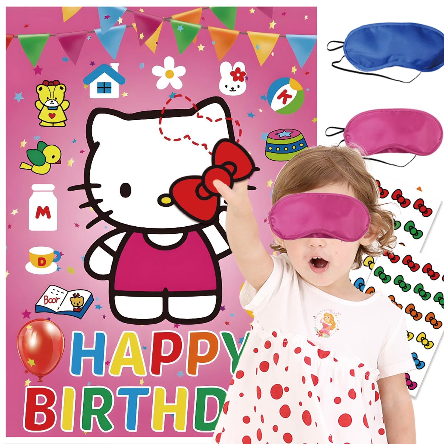 Photo 1 of Birthday Decorations, Cute Pink Party Supplies Large Poster with 24 Pcs Bow Stickers, Pin The Bow Sticker on Cat, Cartoon Party Games for Girls Boys