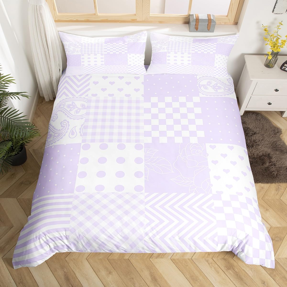 Manfei Purple Plaid Duvet Cover Set Single Size, Paisley Floral Hearts Print Comforter Cover with 1 Pillowcase, Lattice Patchwork Bedding Set 2pcs for Kids Girl Room Decor Lightweight Bedspread Cover