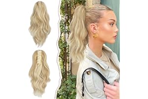 SOFEIYAN 14" Ponytail Extension, Short Wavy Claw Clip in Ponytail Hair Extension Synthetic Hairpieces Beige Blonde Mix Blonde