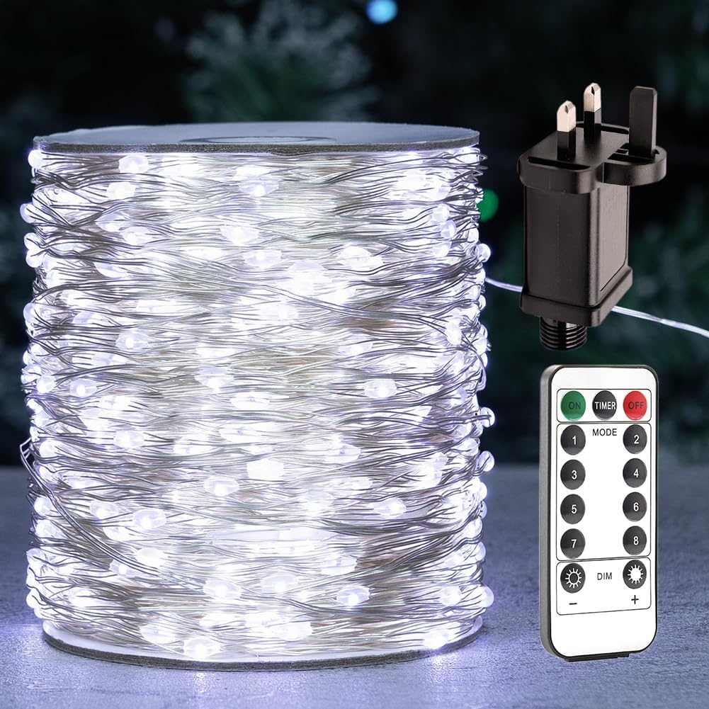 ZELUXDOT Cool White Fairy Lights 328FT Long Plug in LED Silver Wire String Lights 1000 LED 8 Modes for Wedding Indoor Outdoor Christmas Tree Patio Porch Garden Decoration
