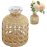 Flower Vases with Rattan Cover Straw Woven Glass Vase Boho Glass Flower Vase for Arrangement Table Decoration, 4.44''X1.77''X3.14'', B Style