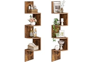 HOOBRO Corner Shelf Wall-Mounted, Set of 2 Floating Corner Shelves for Wall, 4-Tier Corner Bookshelves for Living Room, Bedroom, Bathroom, Home Office, Rustic Brown BF25BJP201