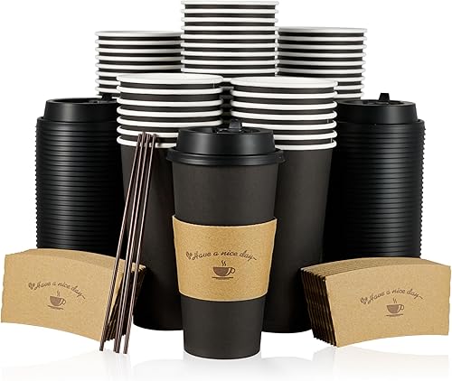 LITOPAK 50 Pack 20 oz Paper Coffee Cups for Hot Chocolate Drinks, Black Disposable  Coffee Cups with Lids, Sleeves and Stirring Sticks for Parties, Picnic,  Travel, and Events price in Saudi Arabia |