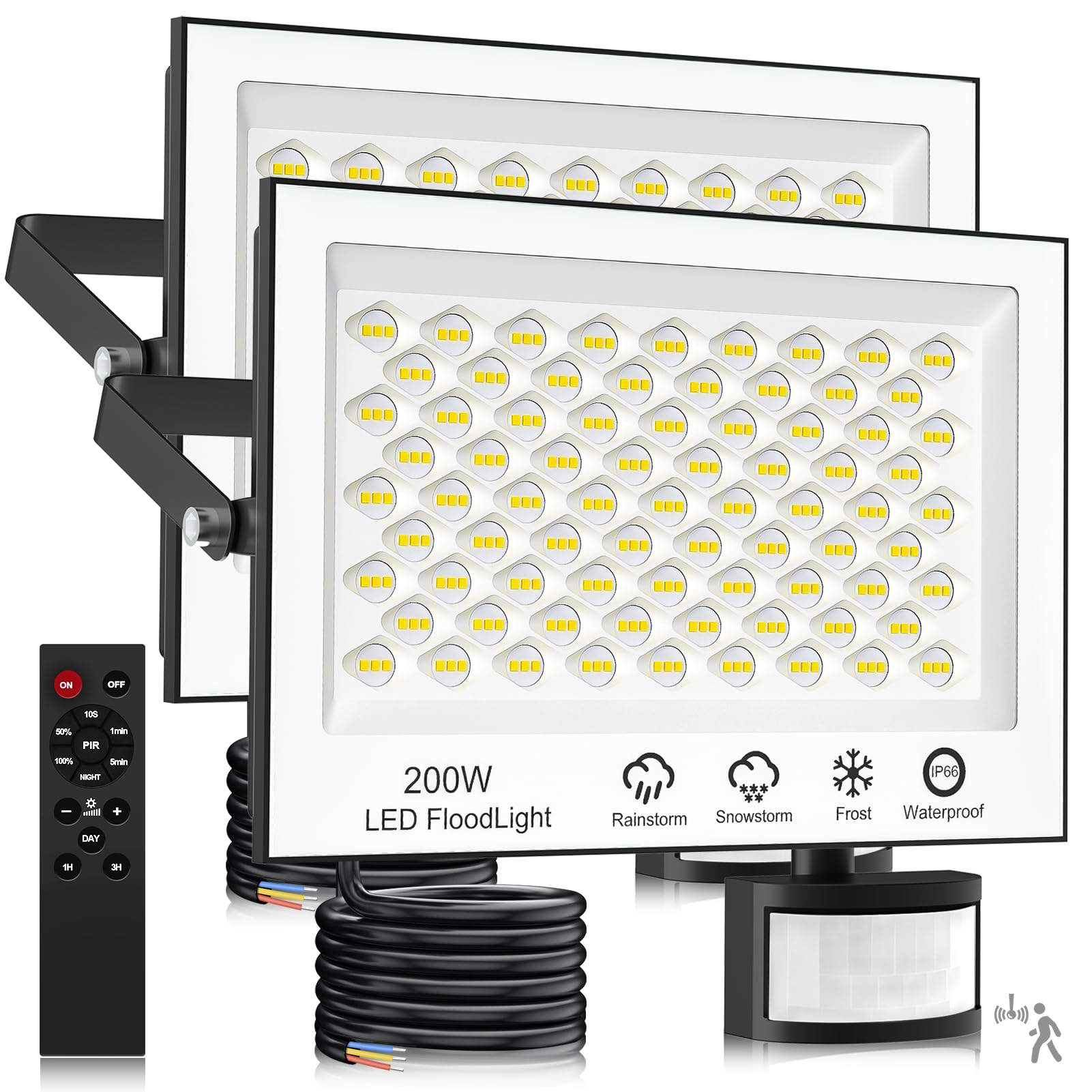 Outdoor Lighting with Detector – 200 W 20000 LM Outdoor LED Floodlight with Remote Control, Dimmable 6500 K Cool White IP66 Waterproof Outdoor Spotlight for Patio Garage, 2 Pieces