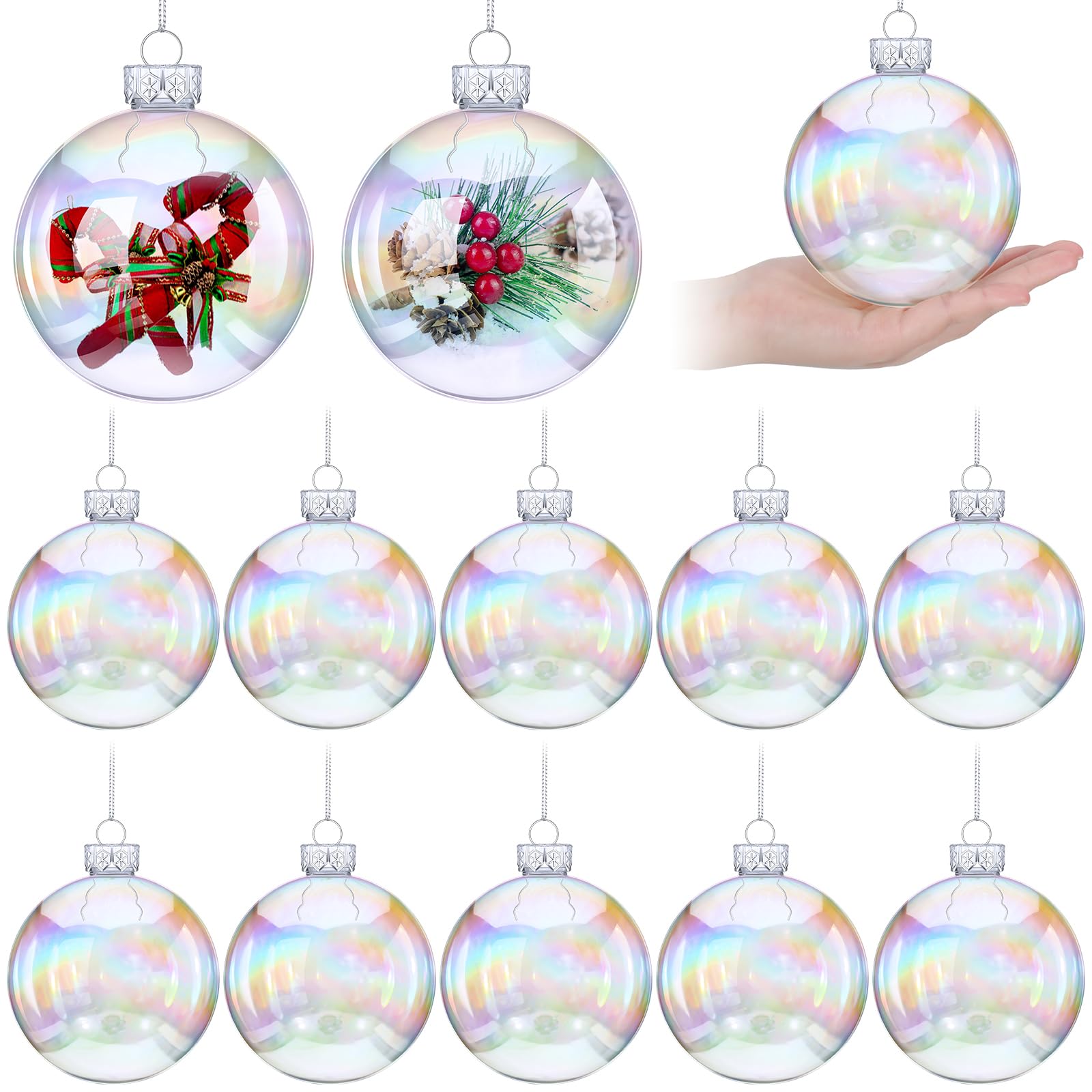 Photo 1 of 12 Pcs Large 4 Inch Iridescent Ornaments Clear Christmas Ornament Balls Iridescent Christmas Balls for Tree, Plastic Ornaments Clear Plastic Fillable Decoration, Xmas Hanging Decor for Holiday