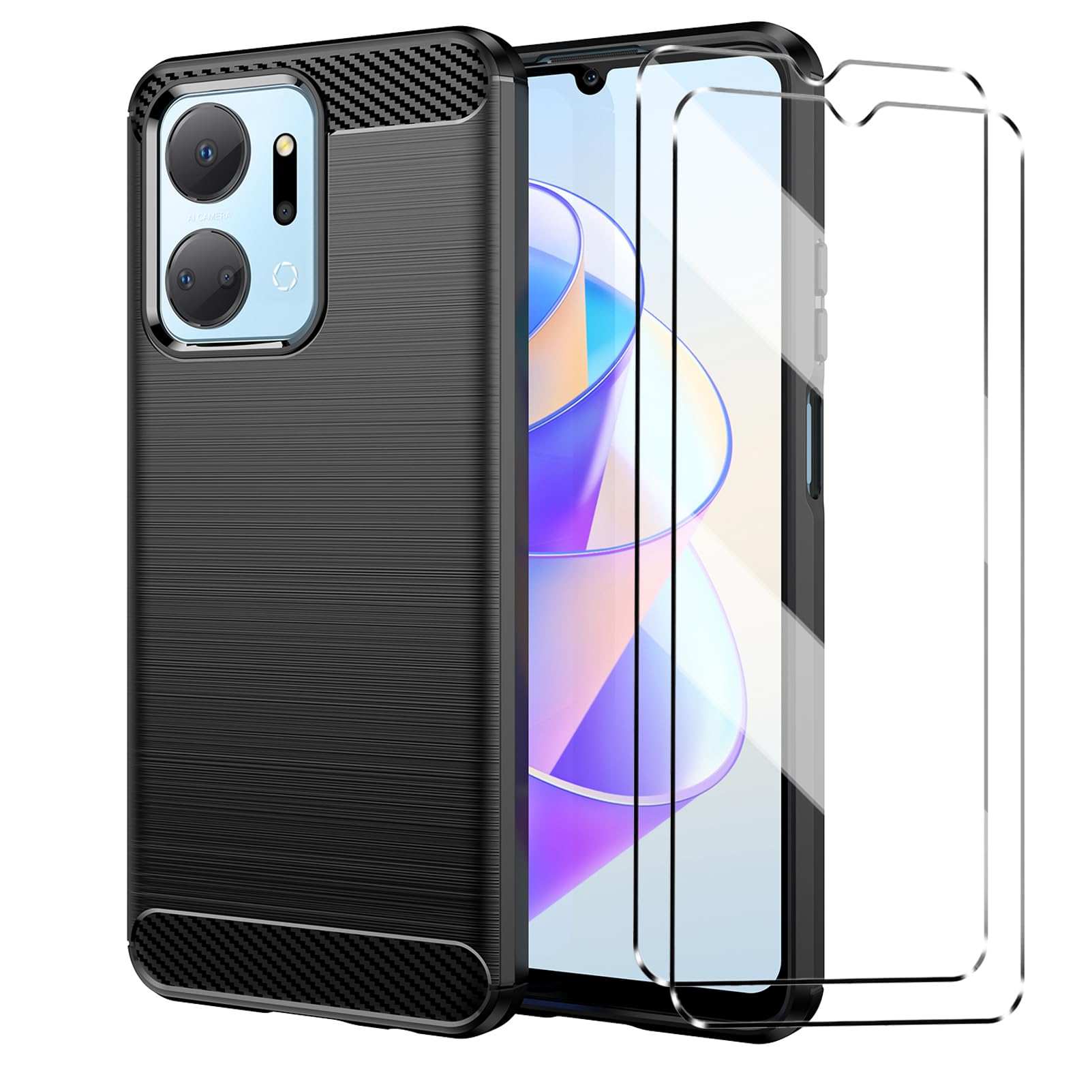 Case Compatible with Honor X7A Cover with 2 Pack Tempered Glass Screen Protector for Honor X7A, Slim Fit Soft TPU Shockproof Anti-Scratch Phone Case Cover - Black