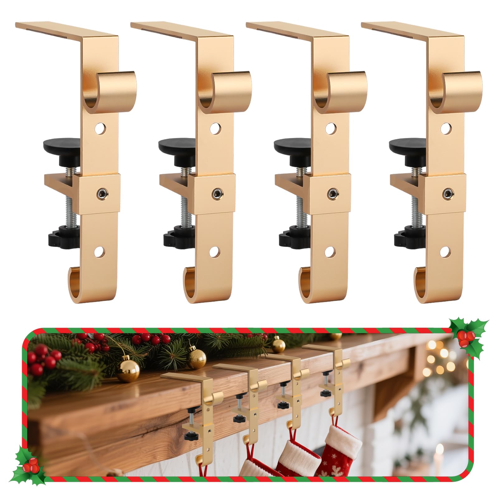 Photo 1 of Acrridi Stocking Hangers for Mantel,4 Pcs 2 in 1 Adjustable Fireplace Christmas Stocking Holder,No-Drill, Easy to Install Garland Hanger for Christmas Decorations,Fits 0.1”-3.5”Mantles (Gold, 4)