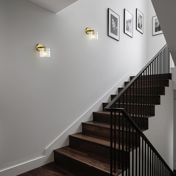 BREOMO BATHROOM WALL SCONCES, WITH DOUBLE CLEAR GLASS SHADES, GOLD WALL LIGHTS FOR BEDROOM, HARDWIRED MODERN VANITY LIGHTS FOR LIVING ROOMS, AND HALLWAYS. E12 SOCKET (GOLD, 2 PIECES)