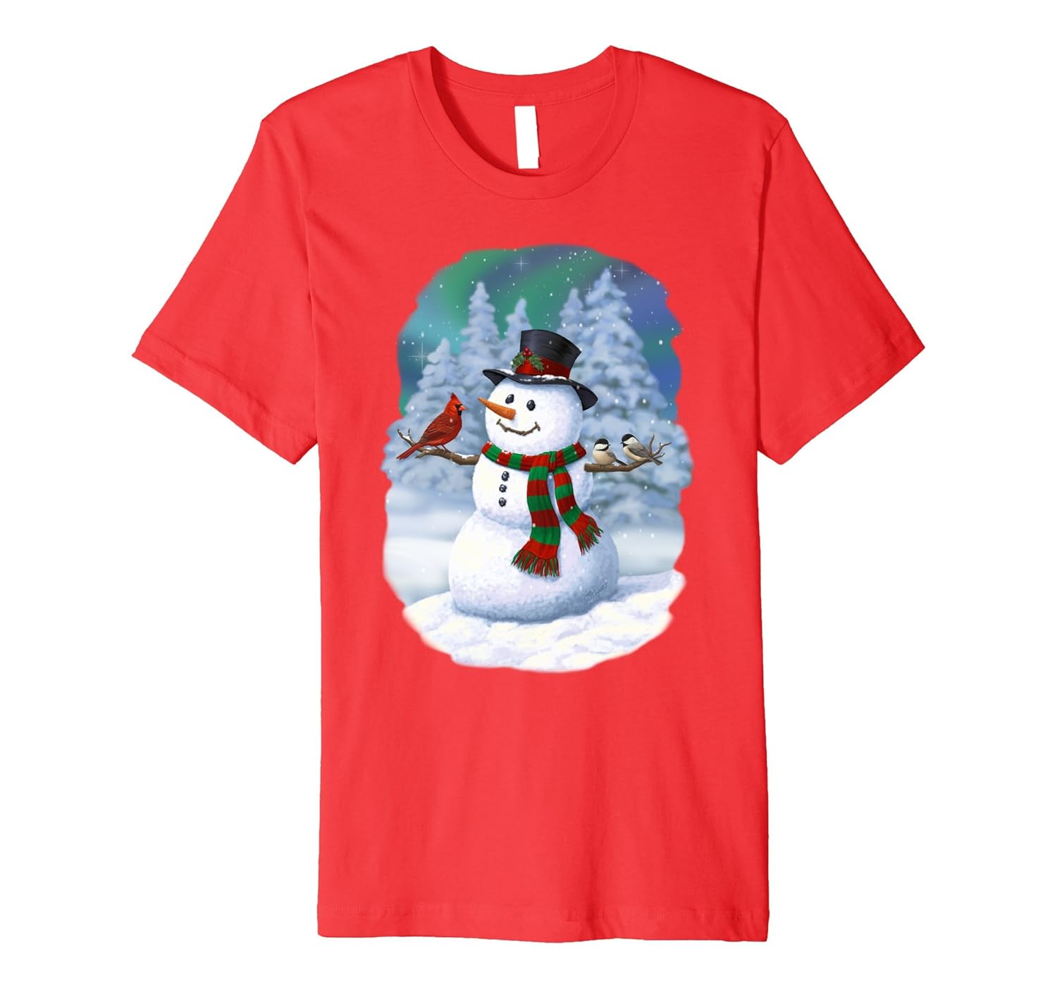 Happy Christmas Snowman and Winter Birds T-shirt-Rose