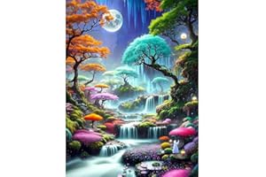 Miairivy Diamond Painting Kits for Adults-Colorful Forest Waterfalls, 5D Full Drill Diamond Art, DIY Trees Landscape Gem Painting Set, Home Wall Decor and Gifts (12X16 inches)