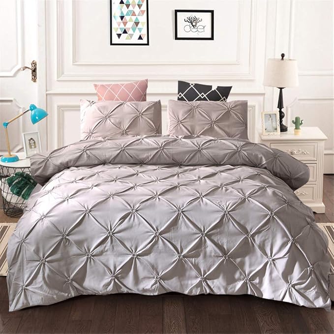 Grey Pintuck Duvet Cover Set 3 Pieces Pinch Pleat Bedding Duvet Cover