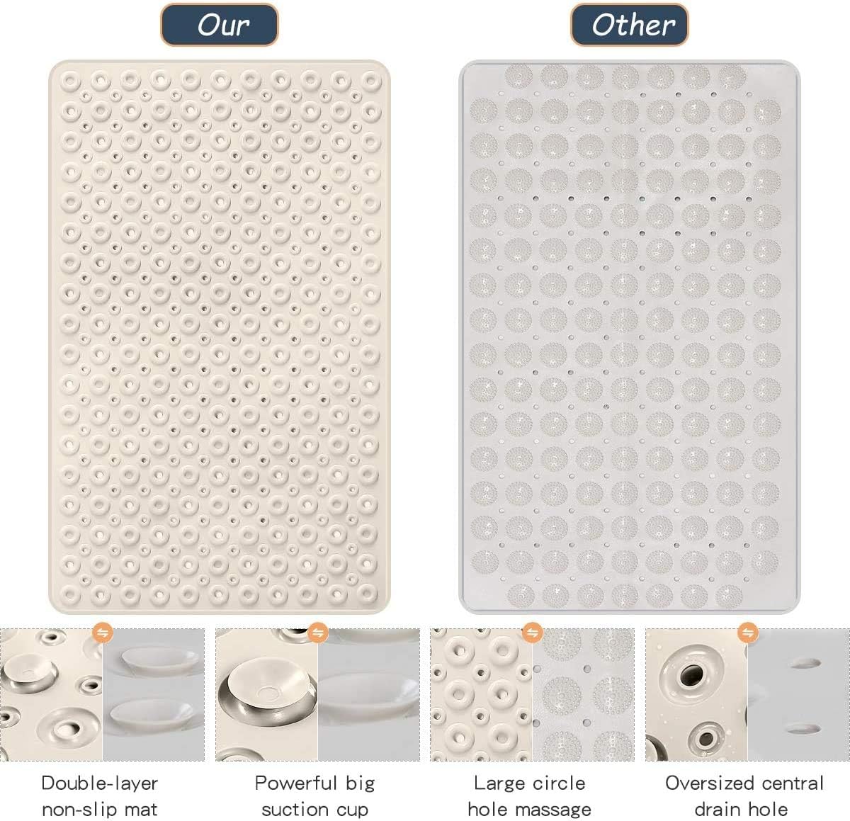 Bsicpro Bath Tub Shower Mat Non-Slip Bath Mat for Tub and Shower 35"x16"Upgrade Reinforced Large Suction Cups and Circle Hole Massage Enlarged Design of Central Drain Hole (Beige): Kitchen & Dining