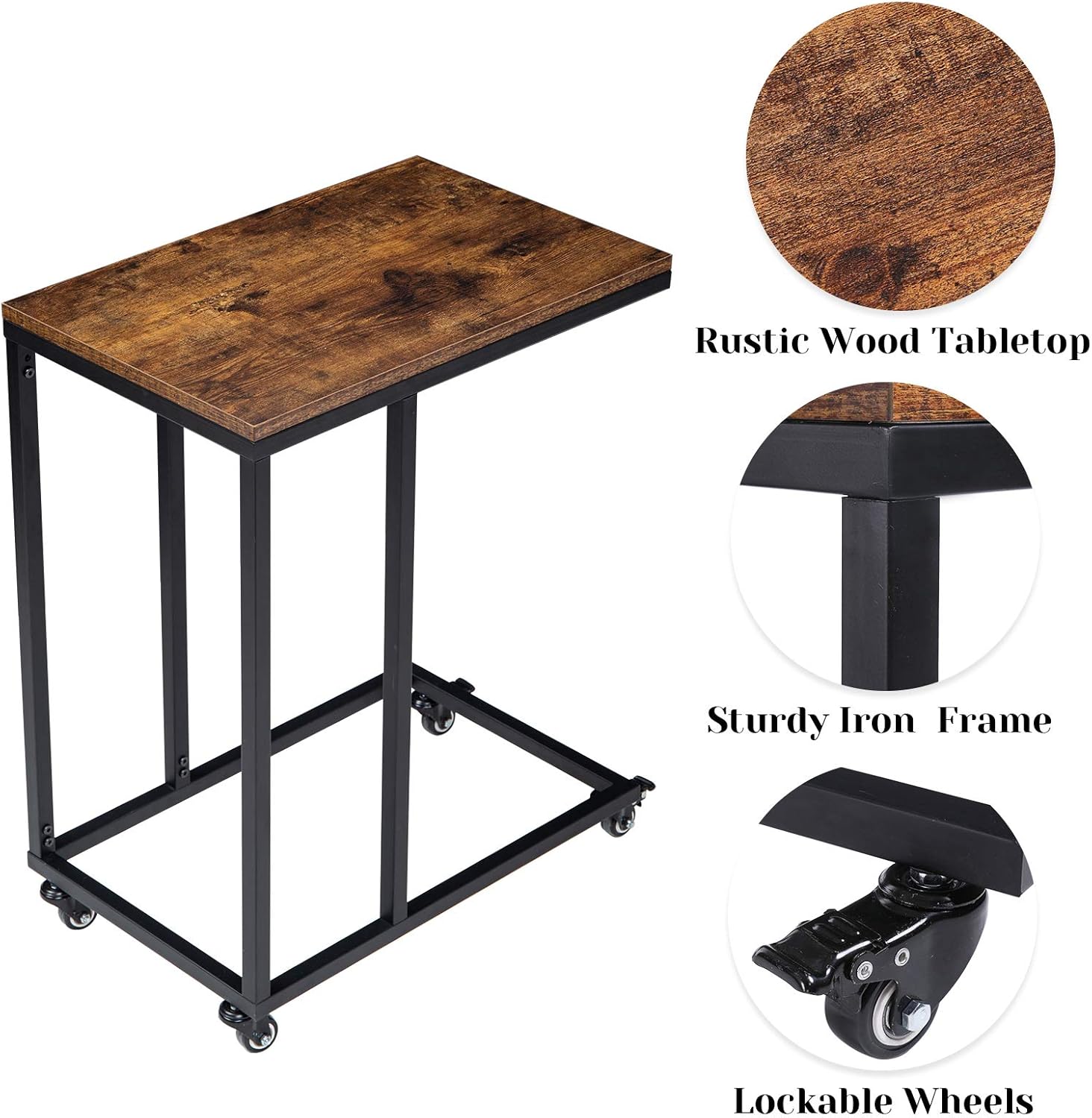 YMYNY Industrial End Table, Mobile Snack Table for Coffee Laptop Tablet, Slides Next to Sofa, C Shaped Bedside Table with Metal Frame for Living Room, Bedroom, Easy Assembly, Rustic Brown UTMJ009H: Kitchen & Dining