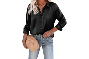 Chigant Women's Blouse Satin Silk Shirts Button Down Shirts Casual Loose Long Sleeve Office Work Tunic Tops