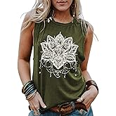 Floral Tank Tops for Women Mandala Tanks Wildflower Graphic Tees Sleeveless Tshirts Beach Vacation Summer Tops